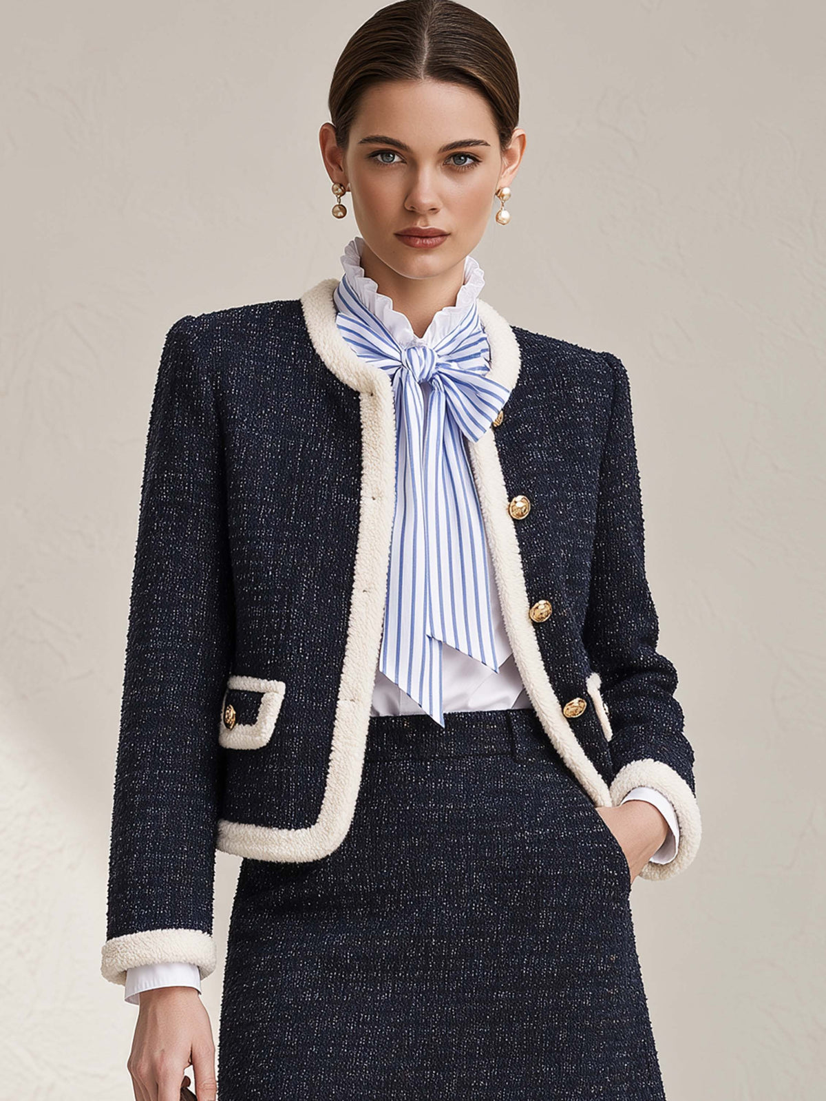 Round Neck Tweed Fleece Piping Gold Button Jacket