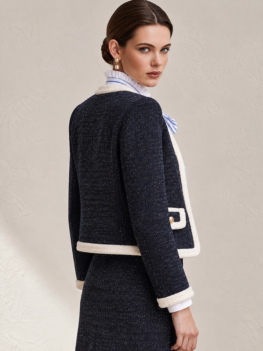 Round Neck Tweed Fleece Piping Gold Button Jacket