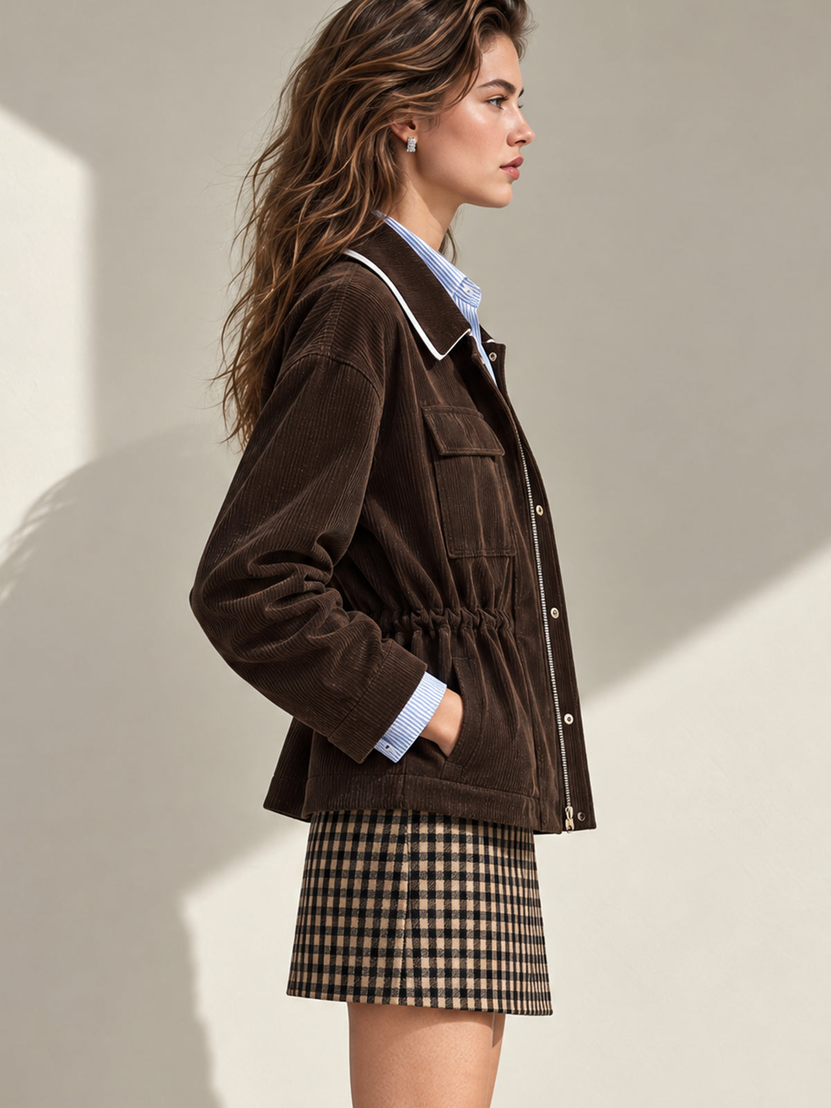 Dark Brown Corduroy Cinched Waist Jacket Outerwear