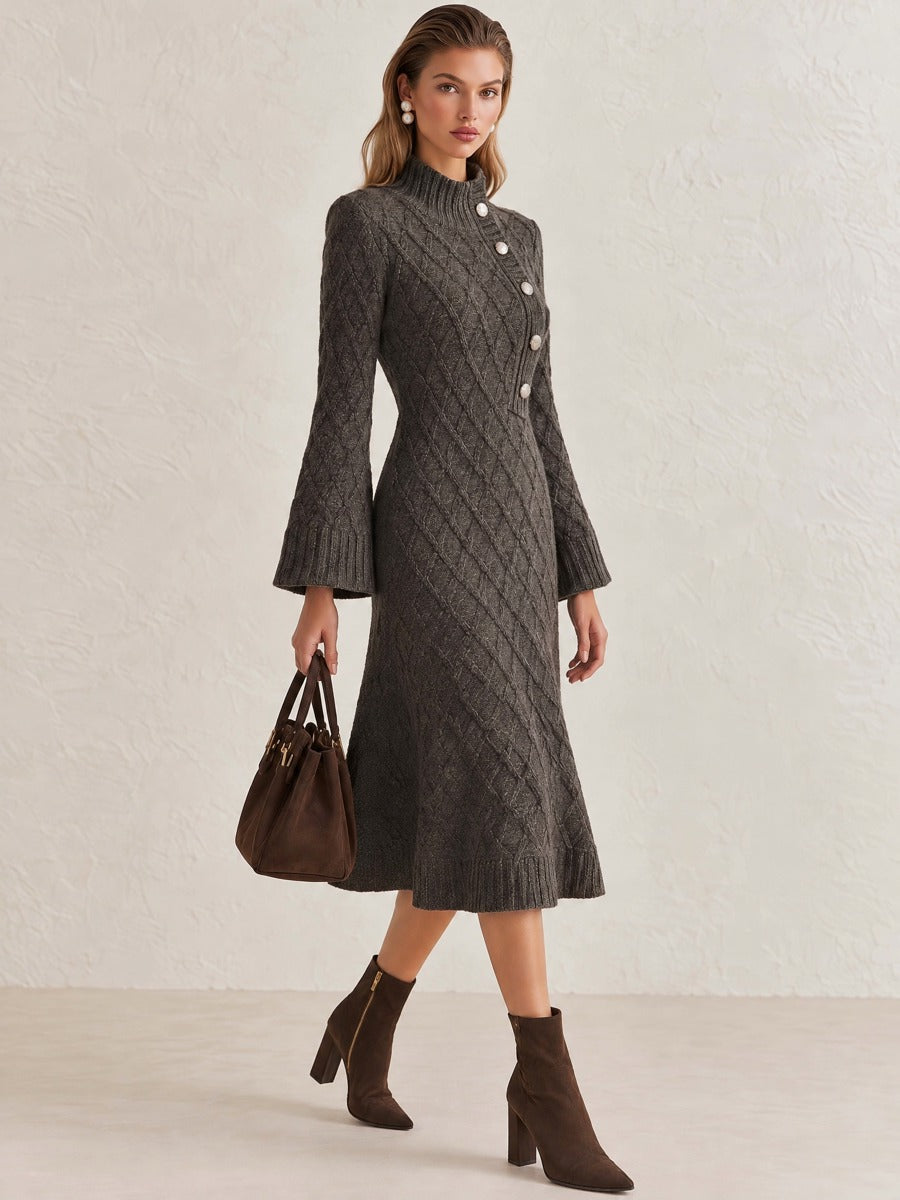 Dark Grey Diamond Knit Dress Mock Neck Flared Sleeve Elegant Midi Dress