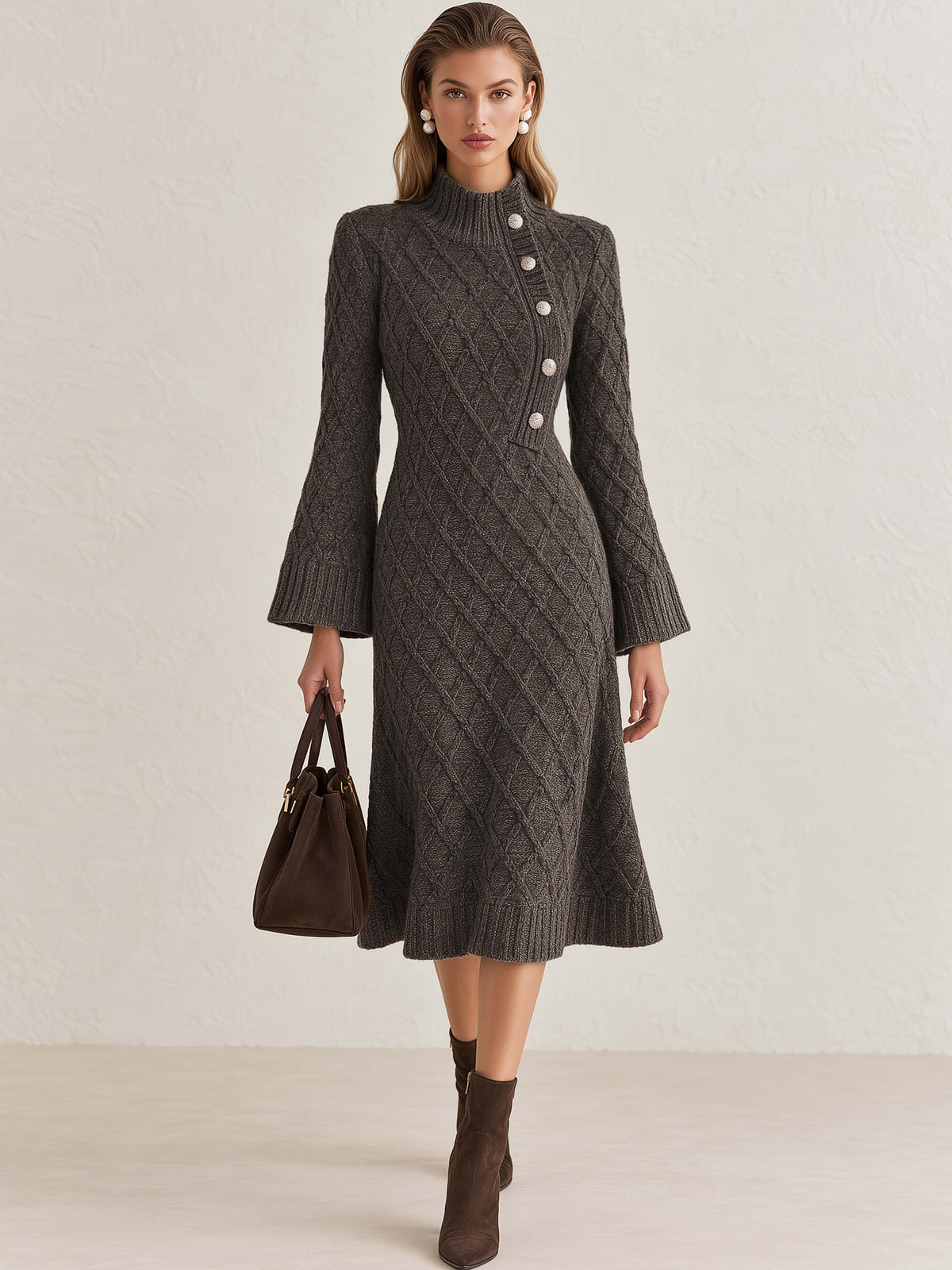 Dark Grey Diamond Knit Dress Mock Neck Flared Sleeve Elegant Midi Dress