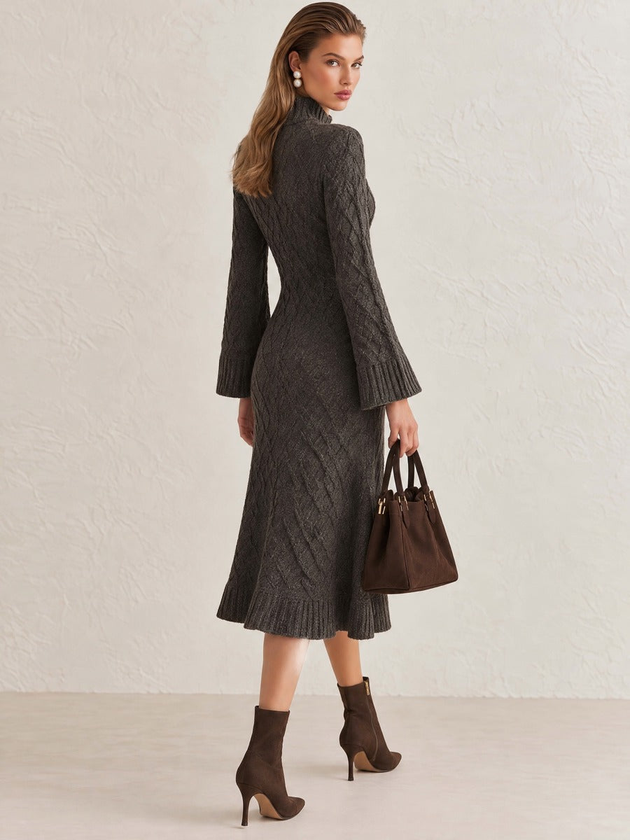 Dark Grey Diamond Knit Dress Mock Neck Flared Sleeve Elegant Midi Dress