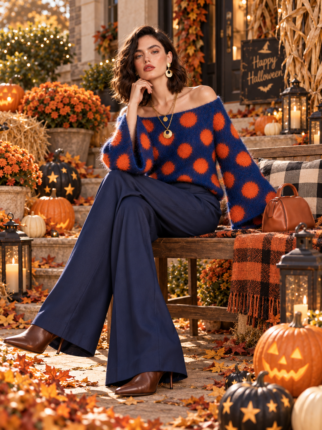 Navy And Orange Polka-dot Color-block Sweater With Flared Sleeves