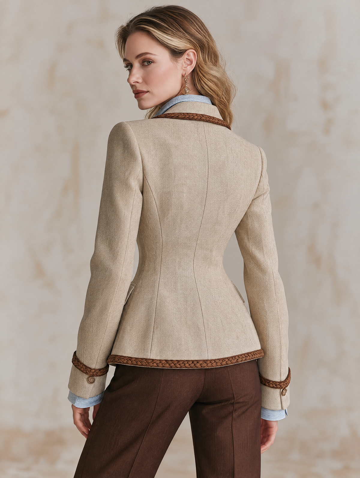 Beige Blazer With Brown Braided Trim