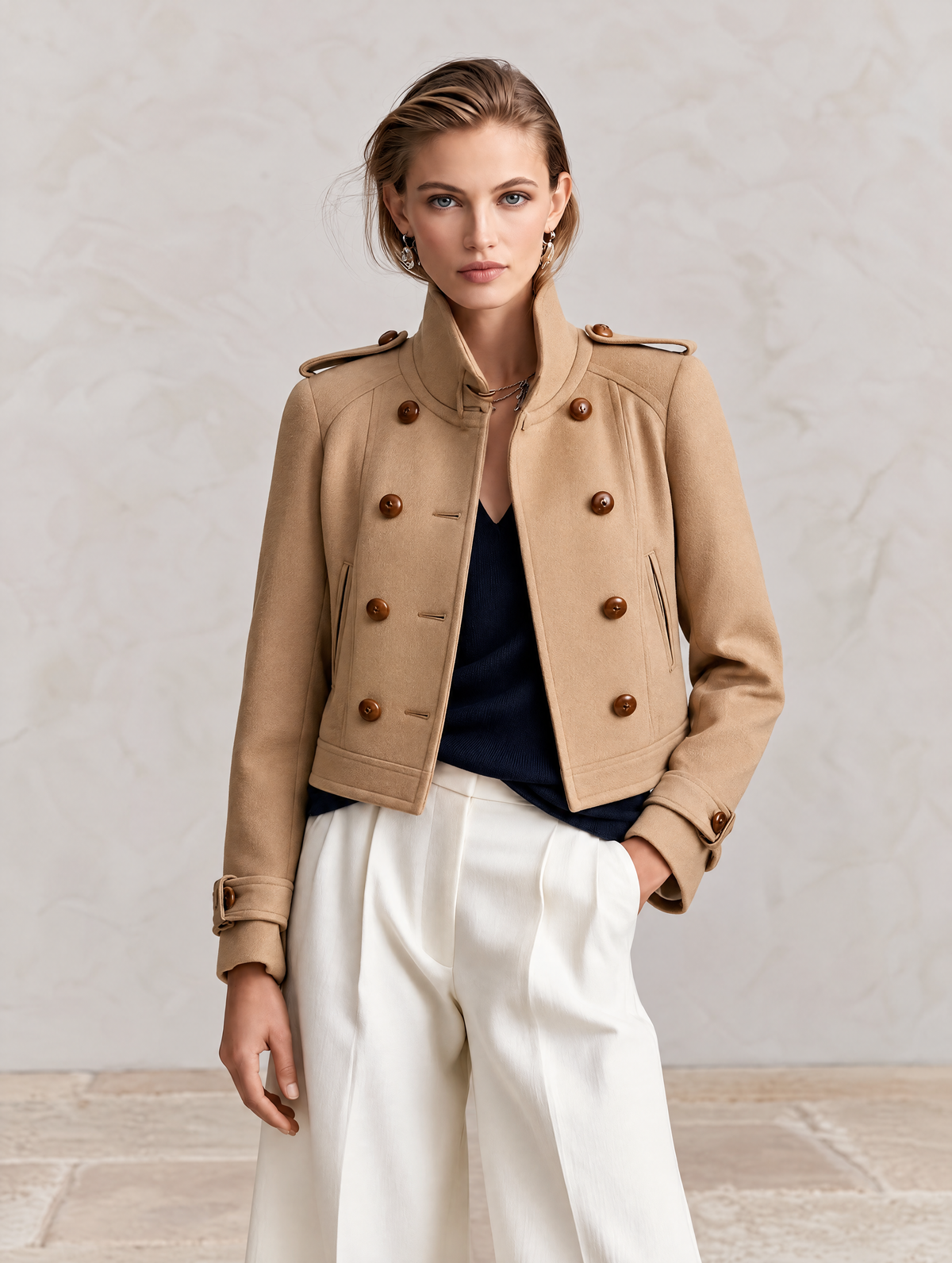 Light Brown Double-Breasted High-Collar Brushed Wool Jacket