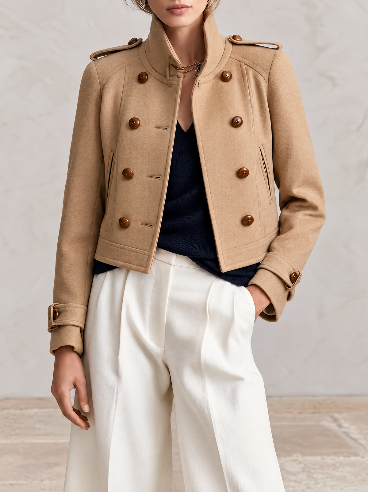 Light Brown Double-Breasted High-Collar Brushed Wool Jacket