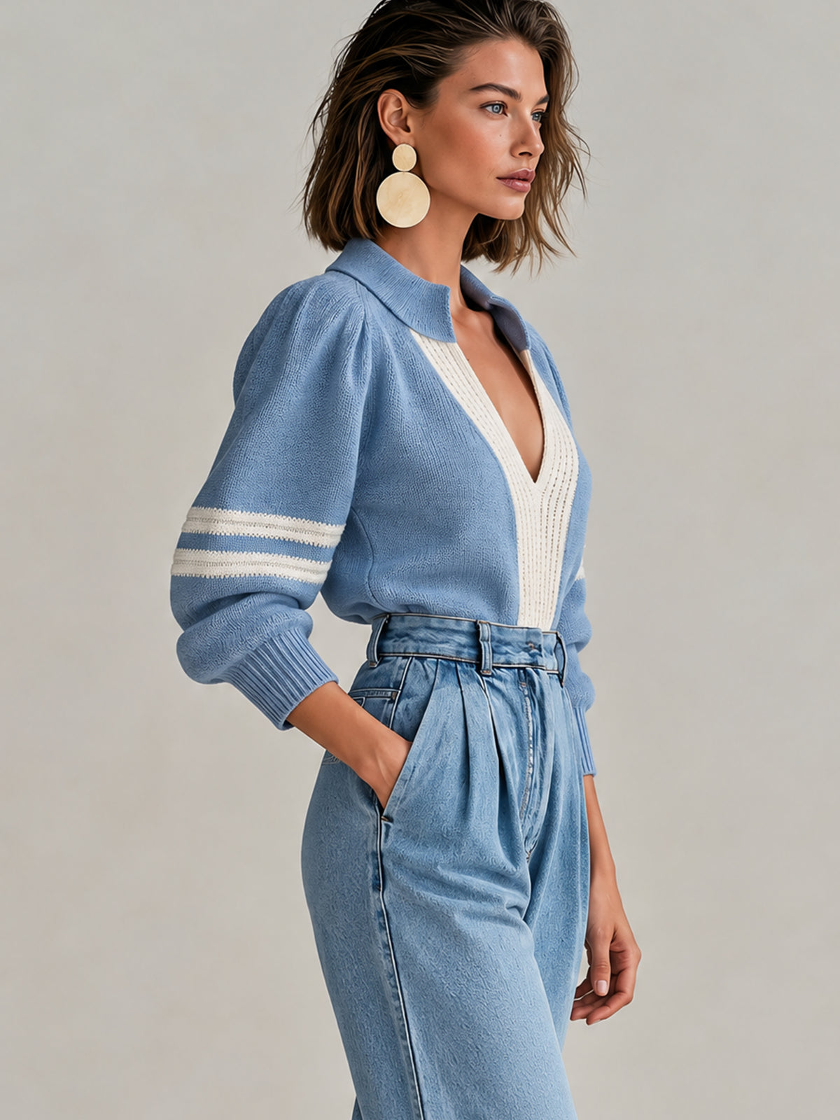 Dusty Blue Contrast Panel Knit Polo Sweater
