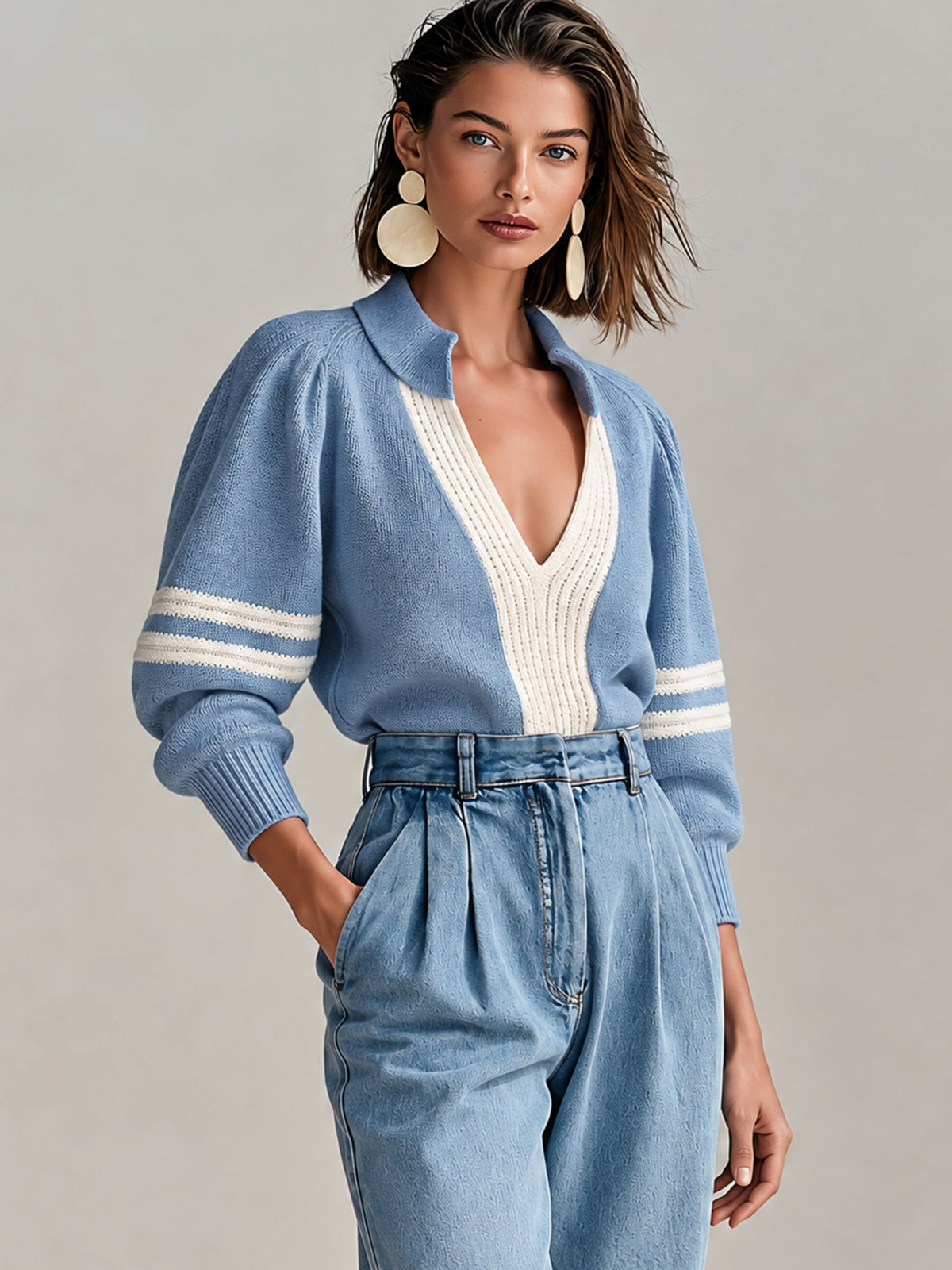 Dusty Blue Contrast Panel Knit Polo Sweater