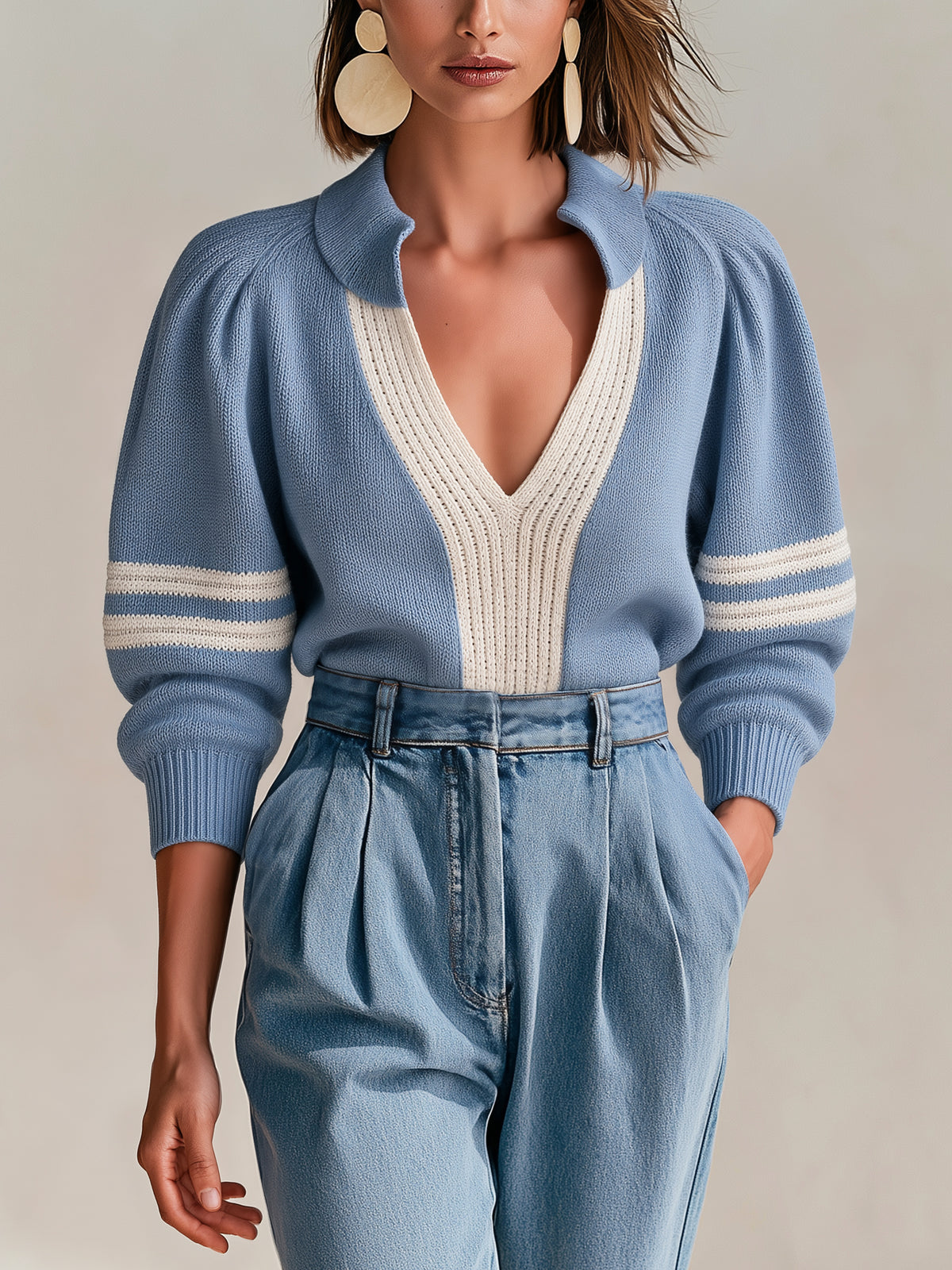 Dusty Blue Contrast Panel Knit Polo Sweater