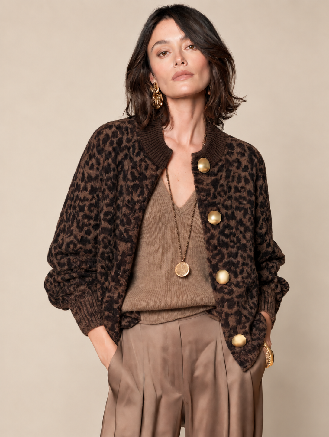 Brown Leopard Print Knit Cardigan With Oversized Gold Dome Buttons