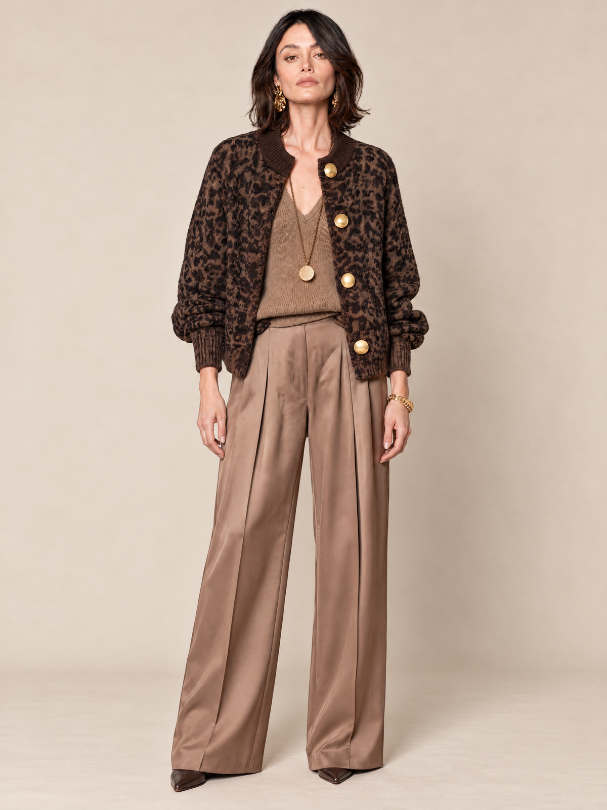Brown Leopard Print Knit Cardigan With Oversized Gold Dome Buttons