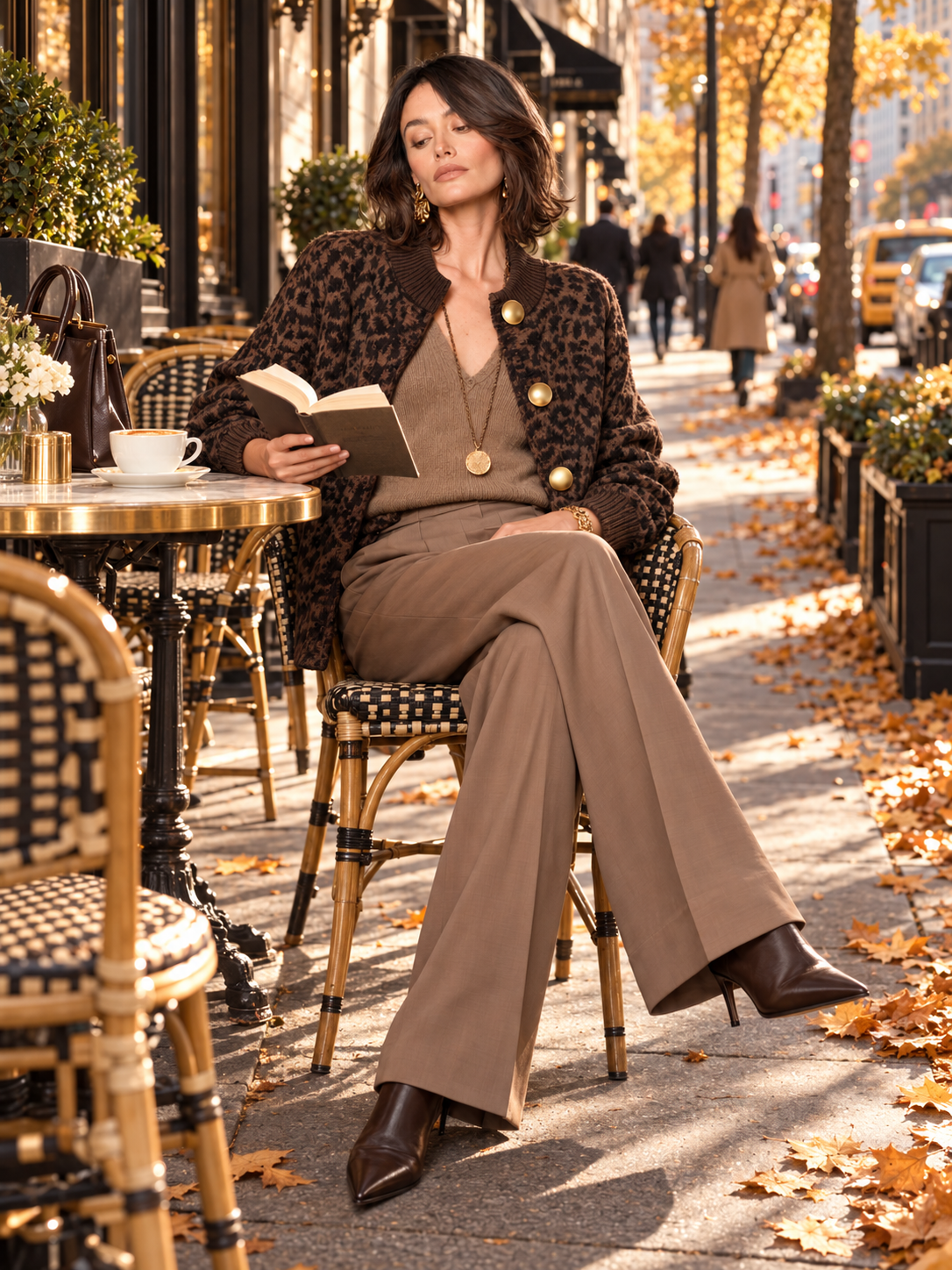 Brown Leopard Print Knit Cardigan With Oversized Gold Dome Buttons