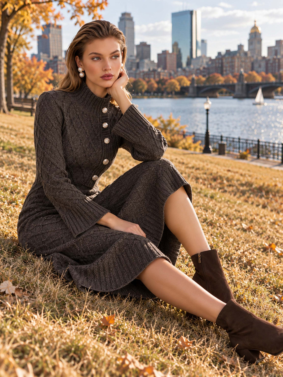 Dark Grey Diamond Knit Dress Mock Neck Flared Sleeve Elegant Midi Dress