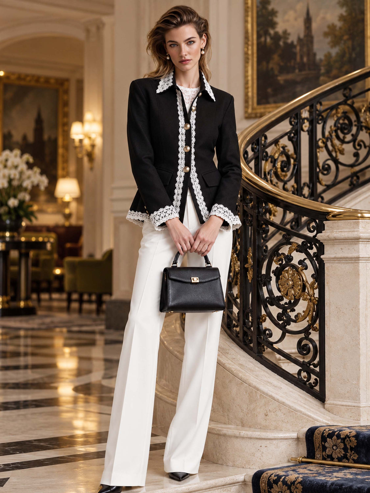 Lace Trim Fitted Point Collar Blazer