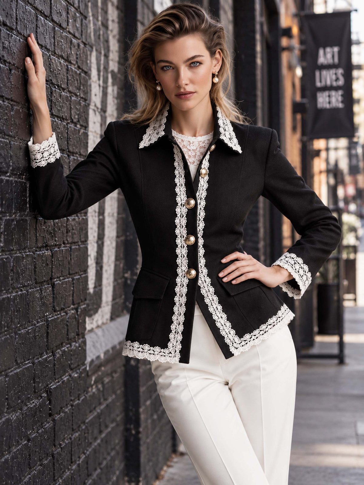 Lace Trim Fitted Point Collar Blazer