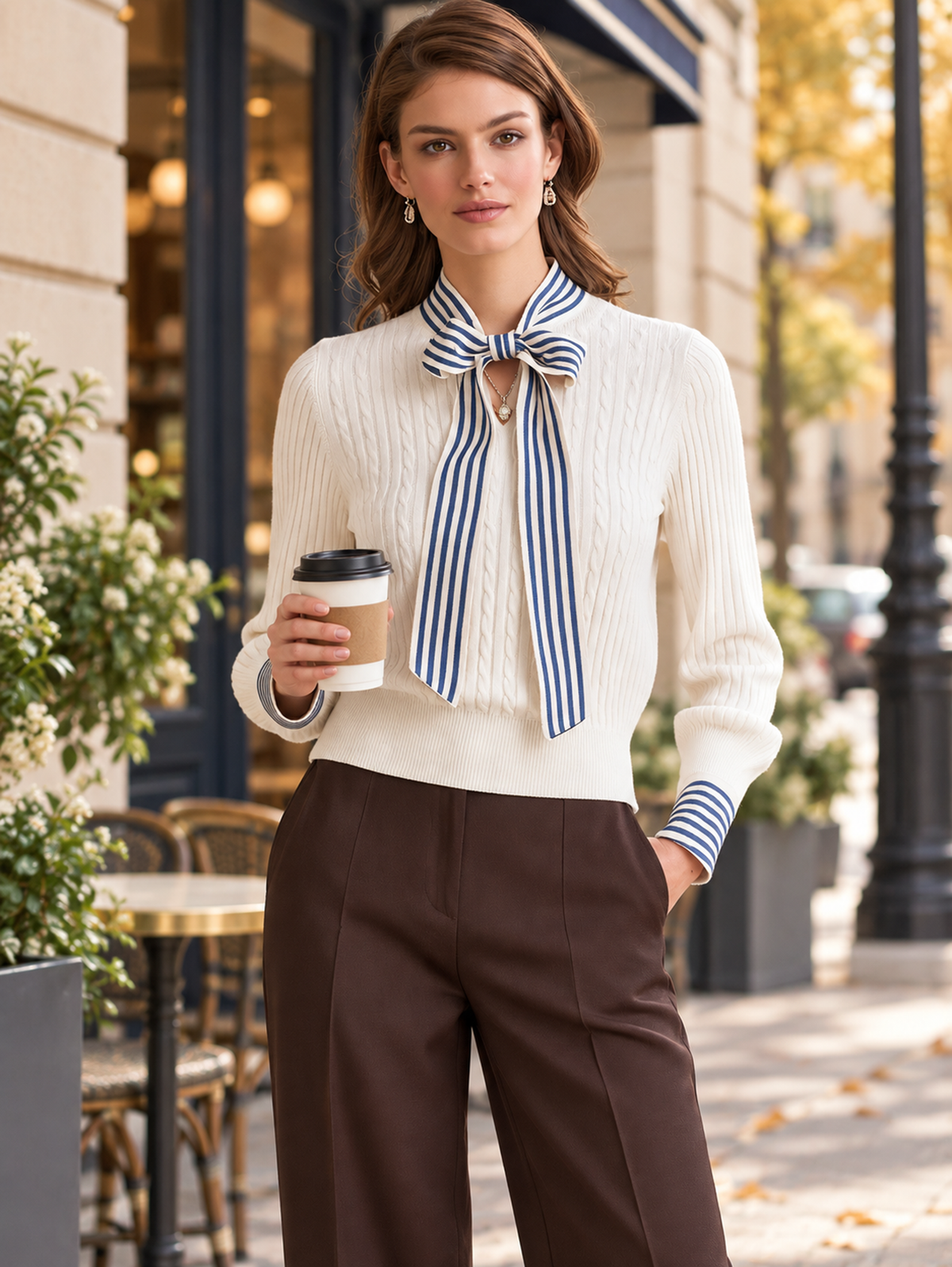 Ivory Blue Striped Bow-Neck Wool Knit Top
