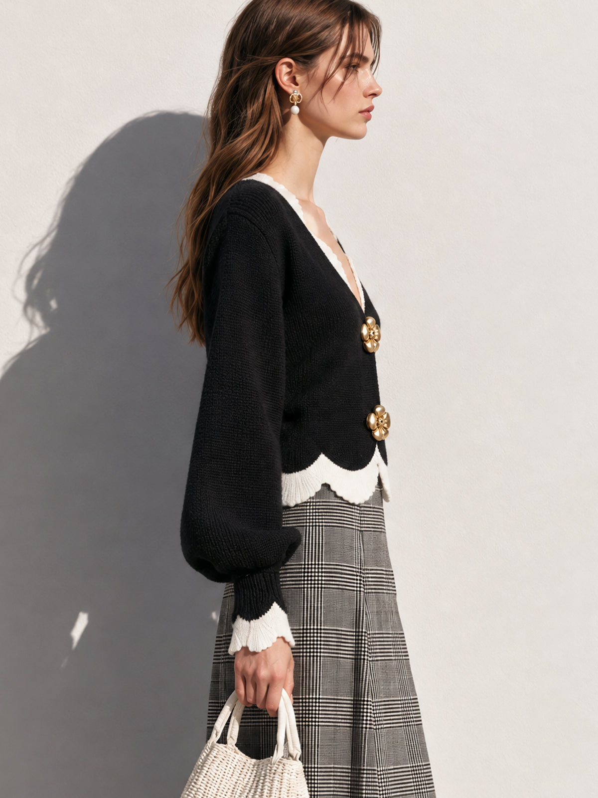 Contrast Scalloped Wool Blend Cardigan Knitwear