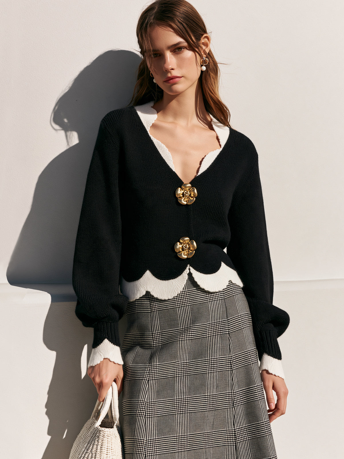 Contrast Scalloped Wool Blend Cardigan Knitwear