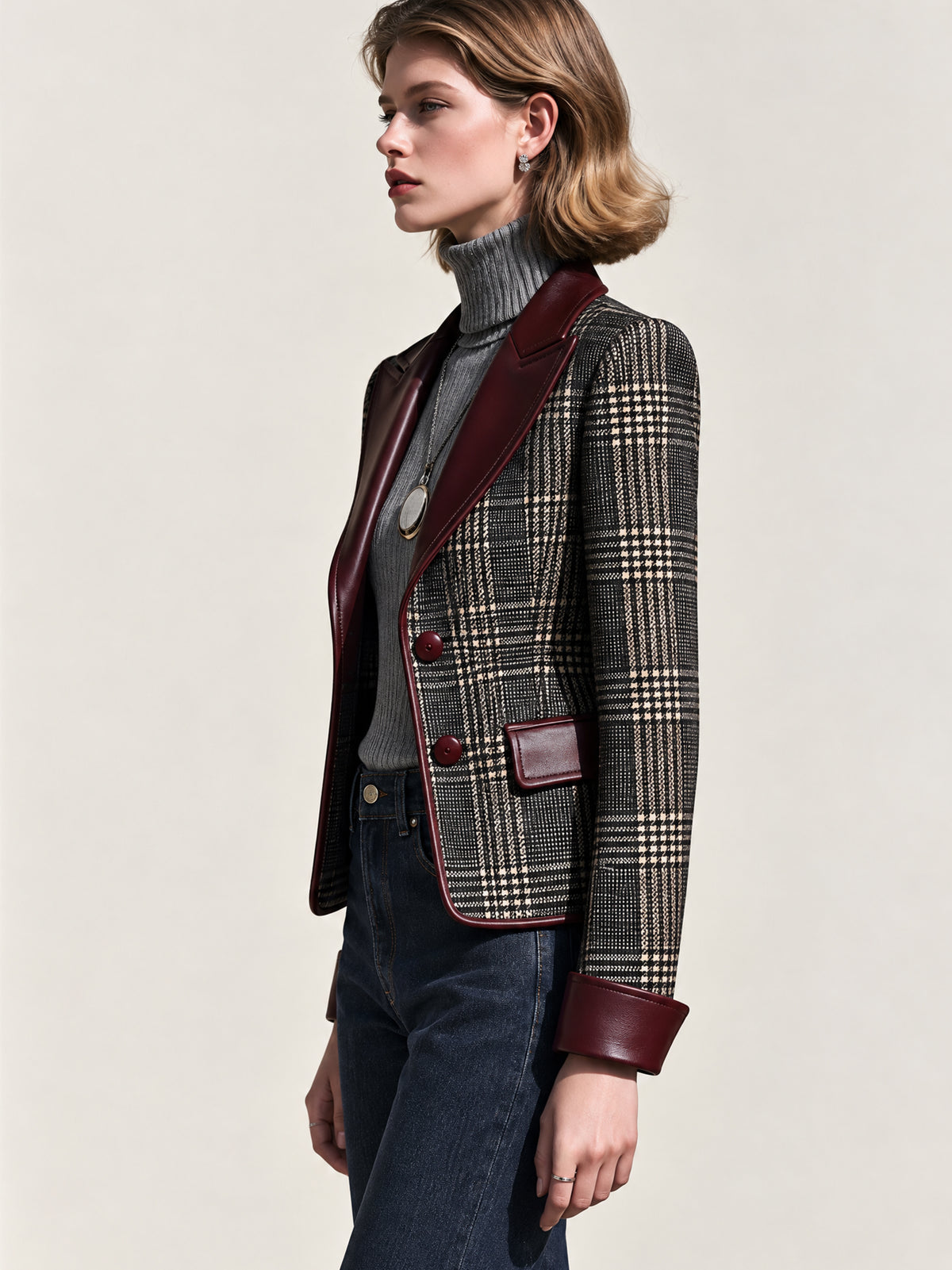 Plaid Tailored Leather Lapel Blazer Jacket