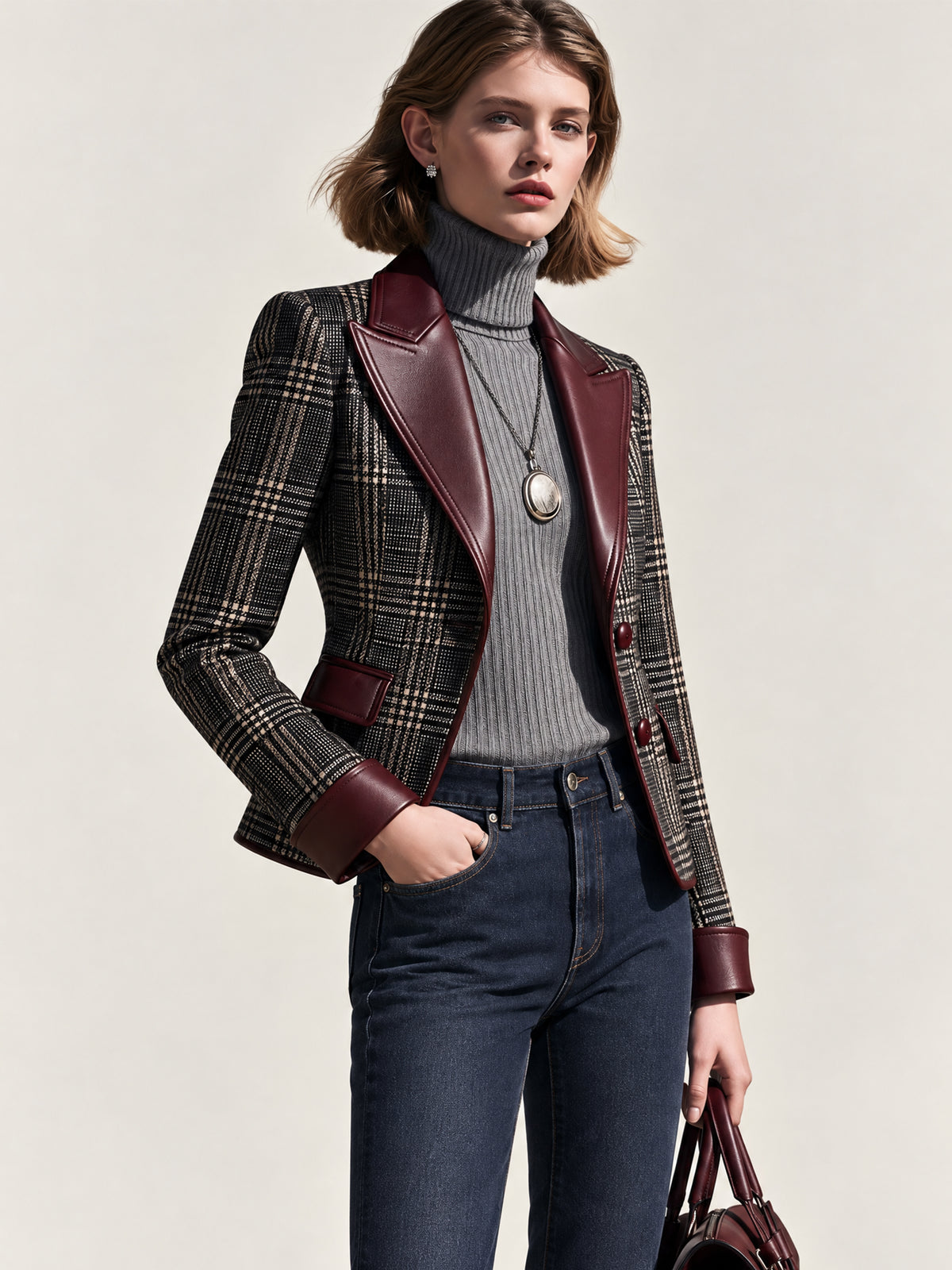 Plaid Tailored Leather Lapel Blazer Jacket