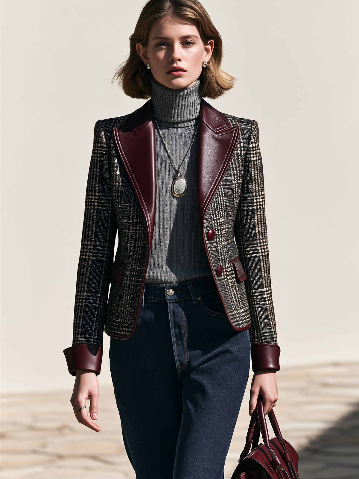 Plaid Tailored Leather Lapel Blazer Jacket