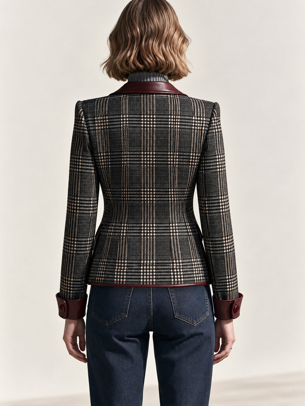 Plaid Tailored Leather Lapel Blazer Jacket
