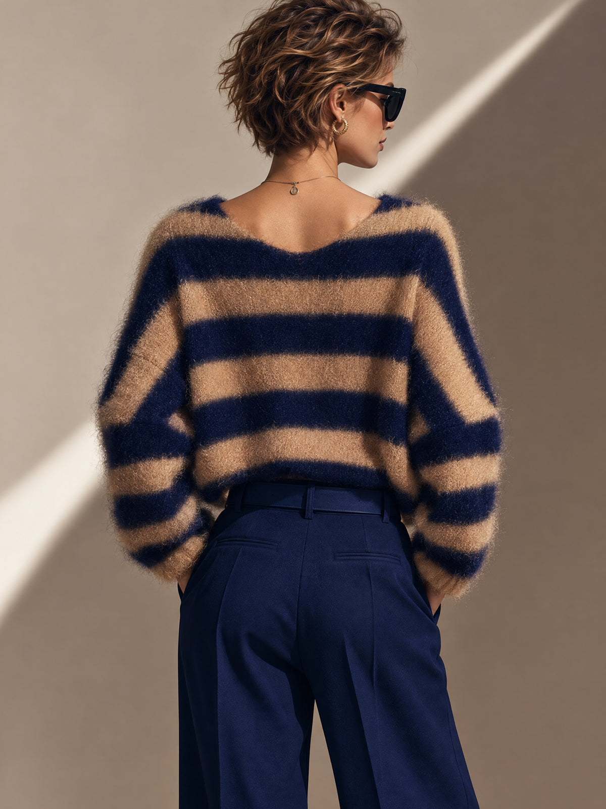Wide Stripe Brushed V-Neck Sweater