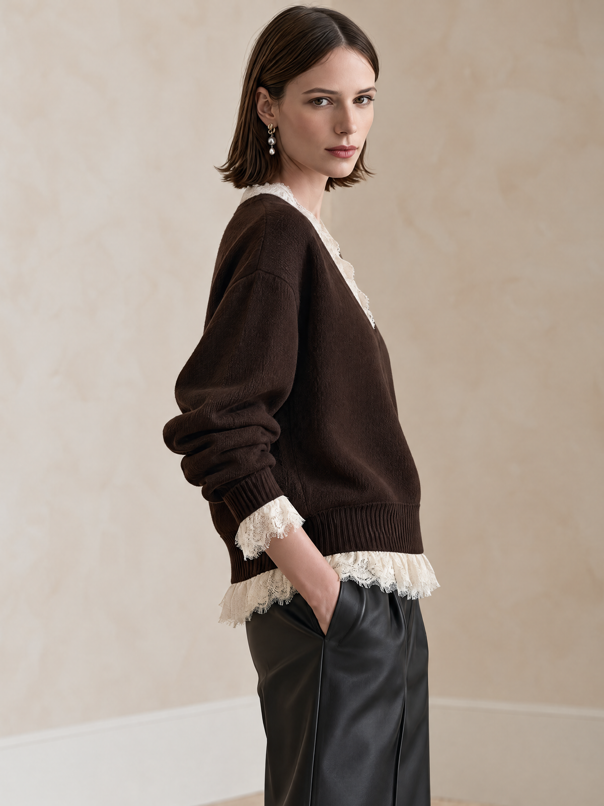 Brown V-Neck Lace-Trim Wool Knit Sweater