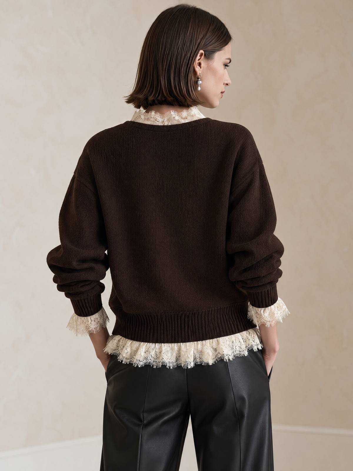 Brown V-Neck Lace-Trim Wool Knit Sweater