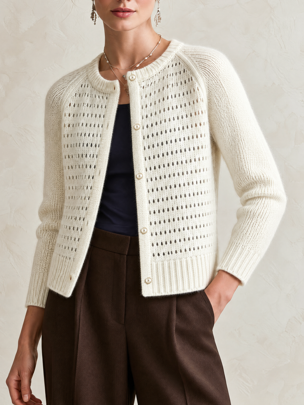 Ivory Openwork Wool Knit Cardigan