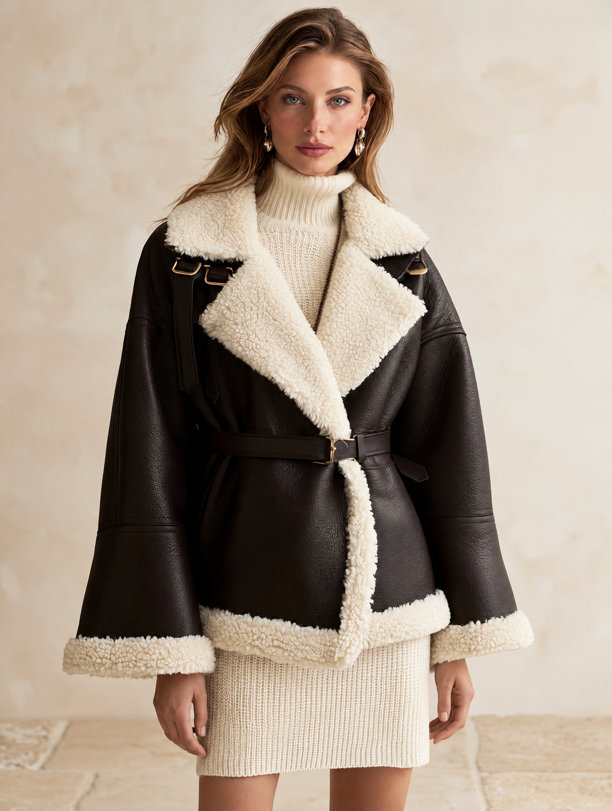 Dark Brown Shearling-Trim Leather Jacket
