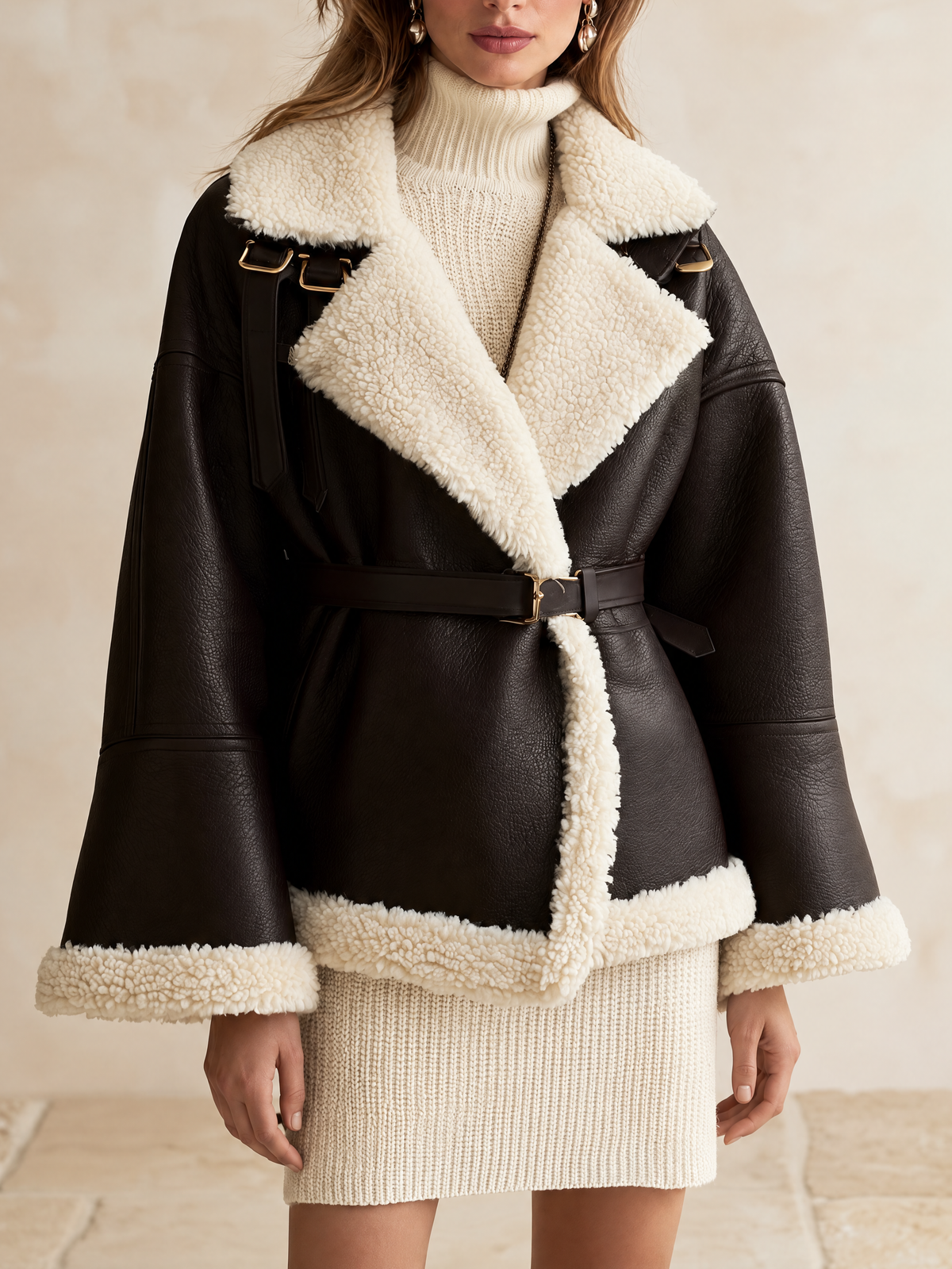 Dark Brown Shearling-Trim Leather Jacket