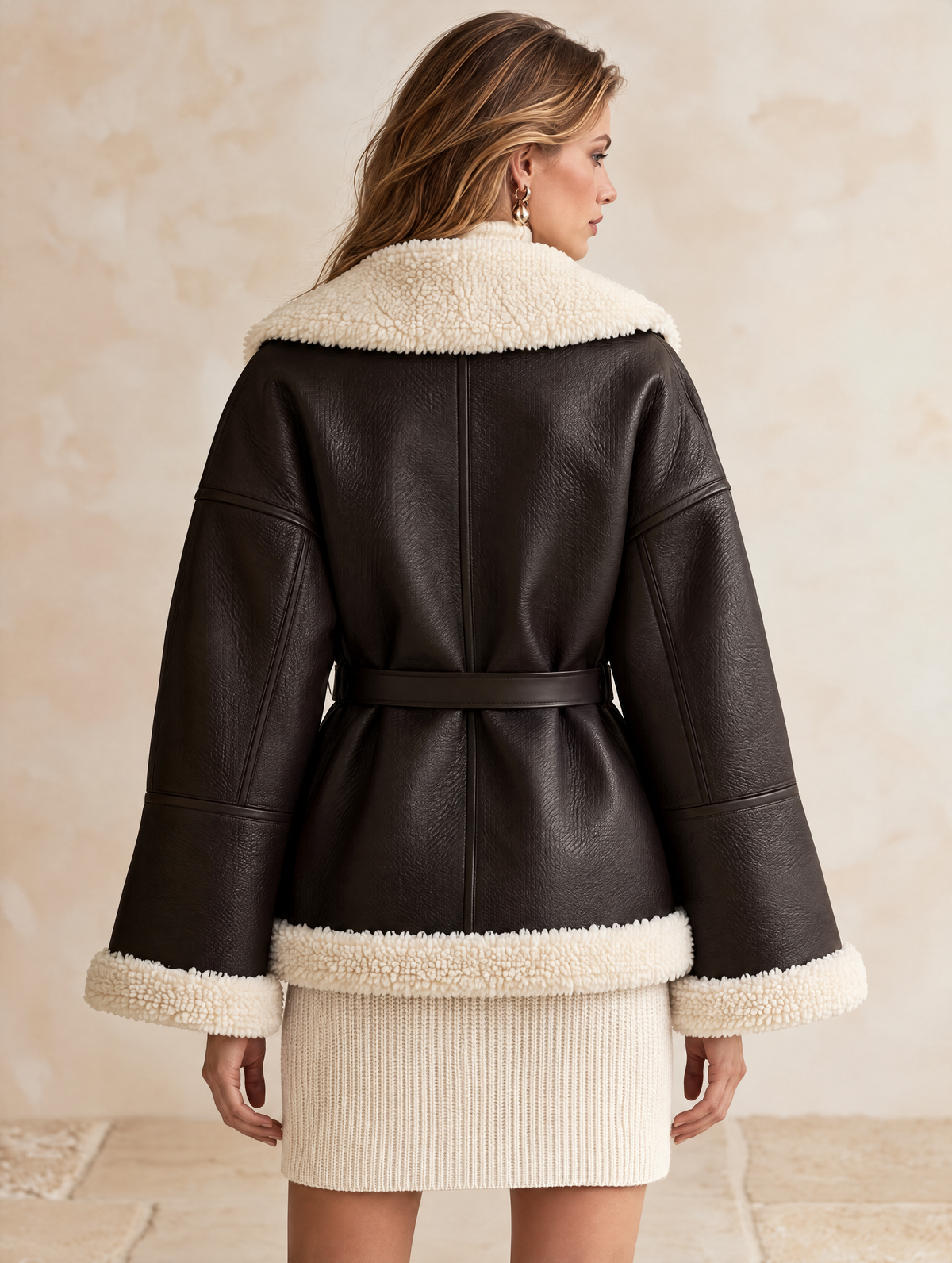 Dark Brown Shearling-Trim Leather Jacket