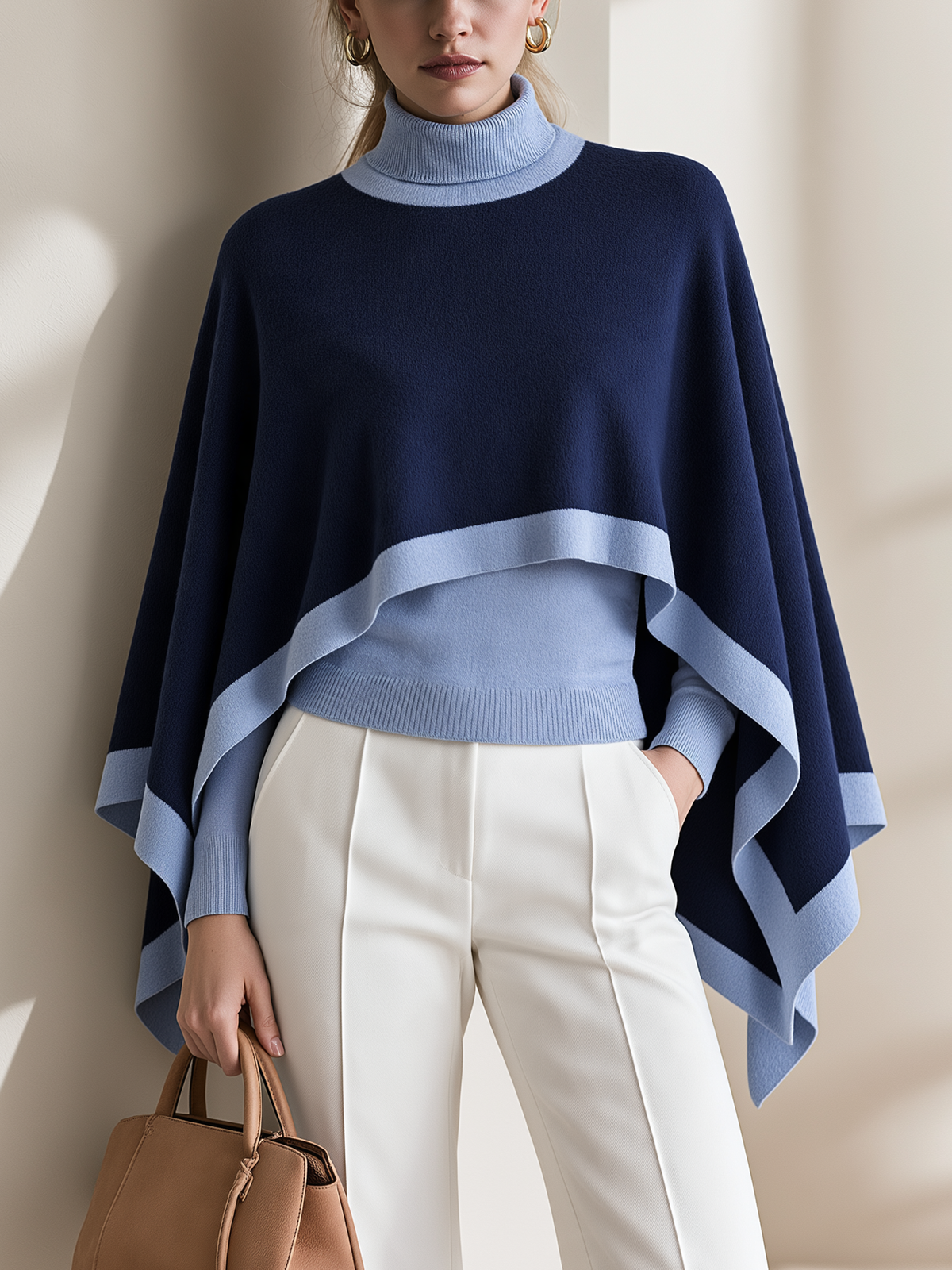 Navy Light Blue Turtleneck Poncho Knit Sweater