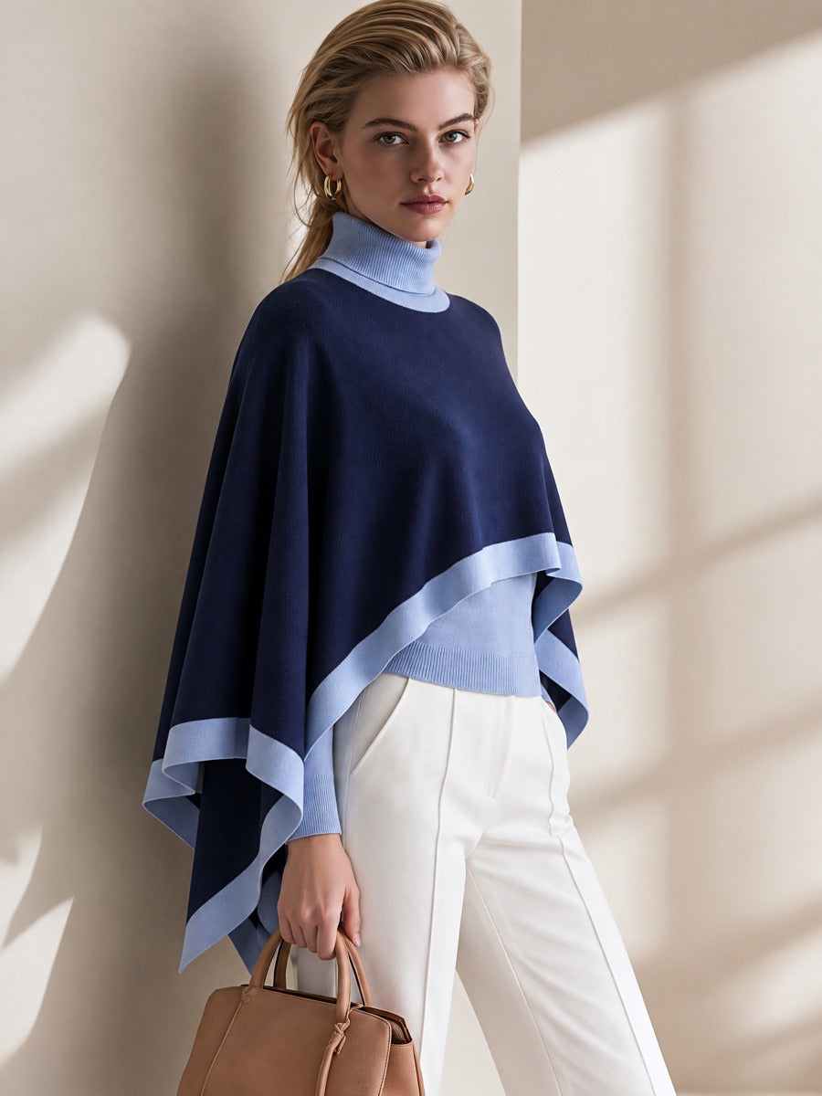 Navy Light Blue Turtleneck Poncho Knit Sweater
