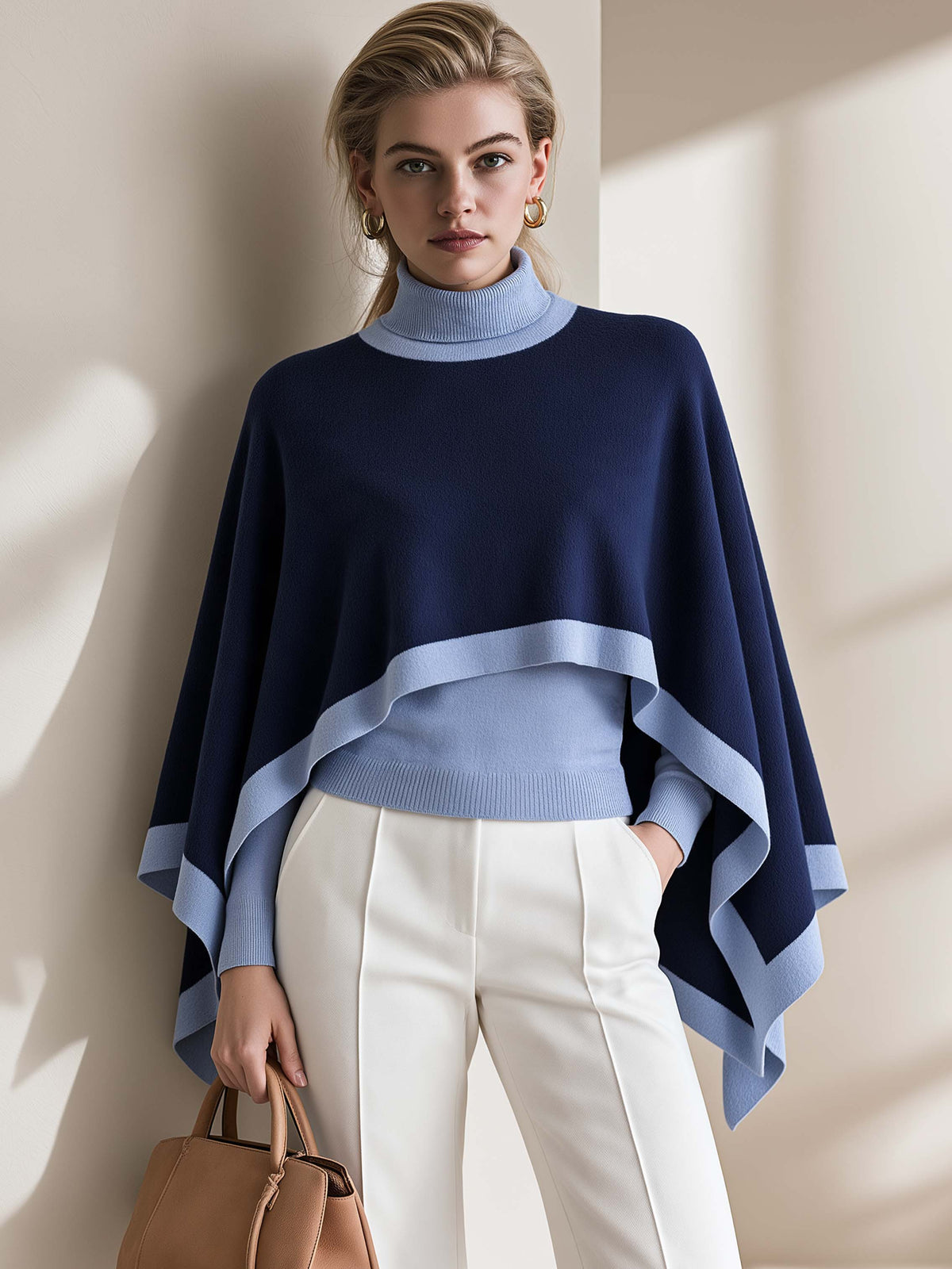 Navy Light Blue Turtleneck Poncho Knit Sweater