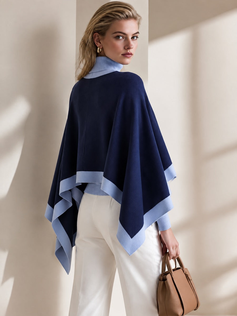 Navy Light Blue Turtleneck Poncho Knit Sweater