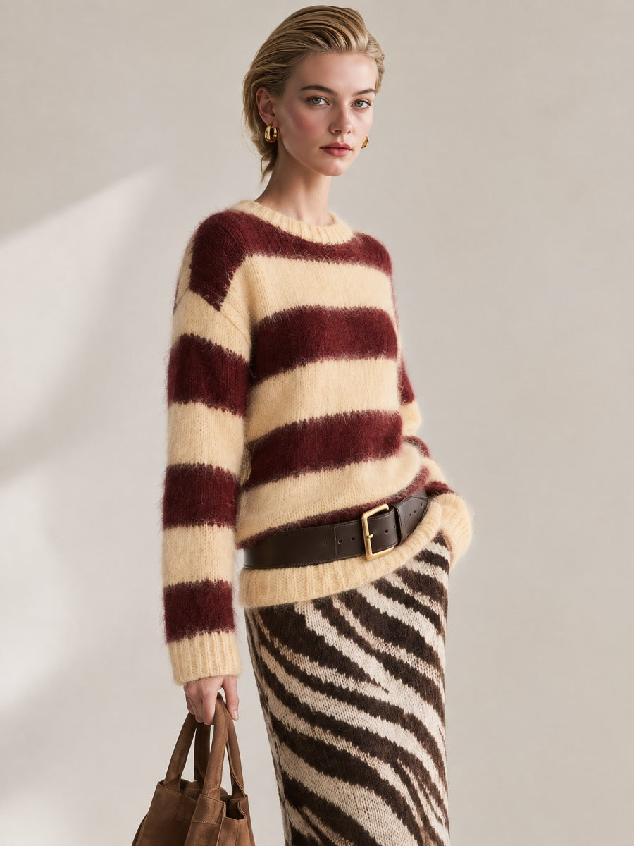 Burgundy Cream Horizontal Stripe Drop Shoulder Mohair Sweater With Belt