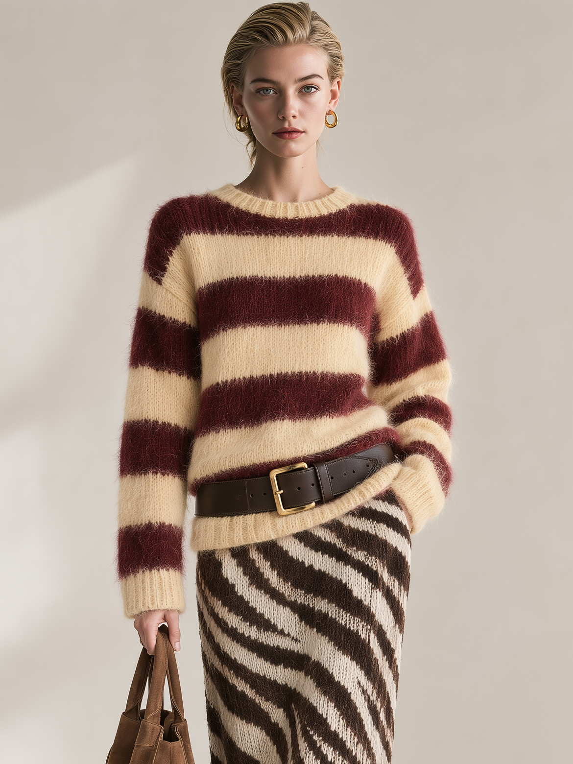 Burgundy Cream Horizontal Stripe Drop Shoulder Mohair Sweater With Belt