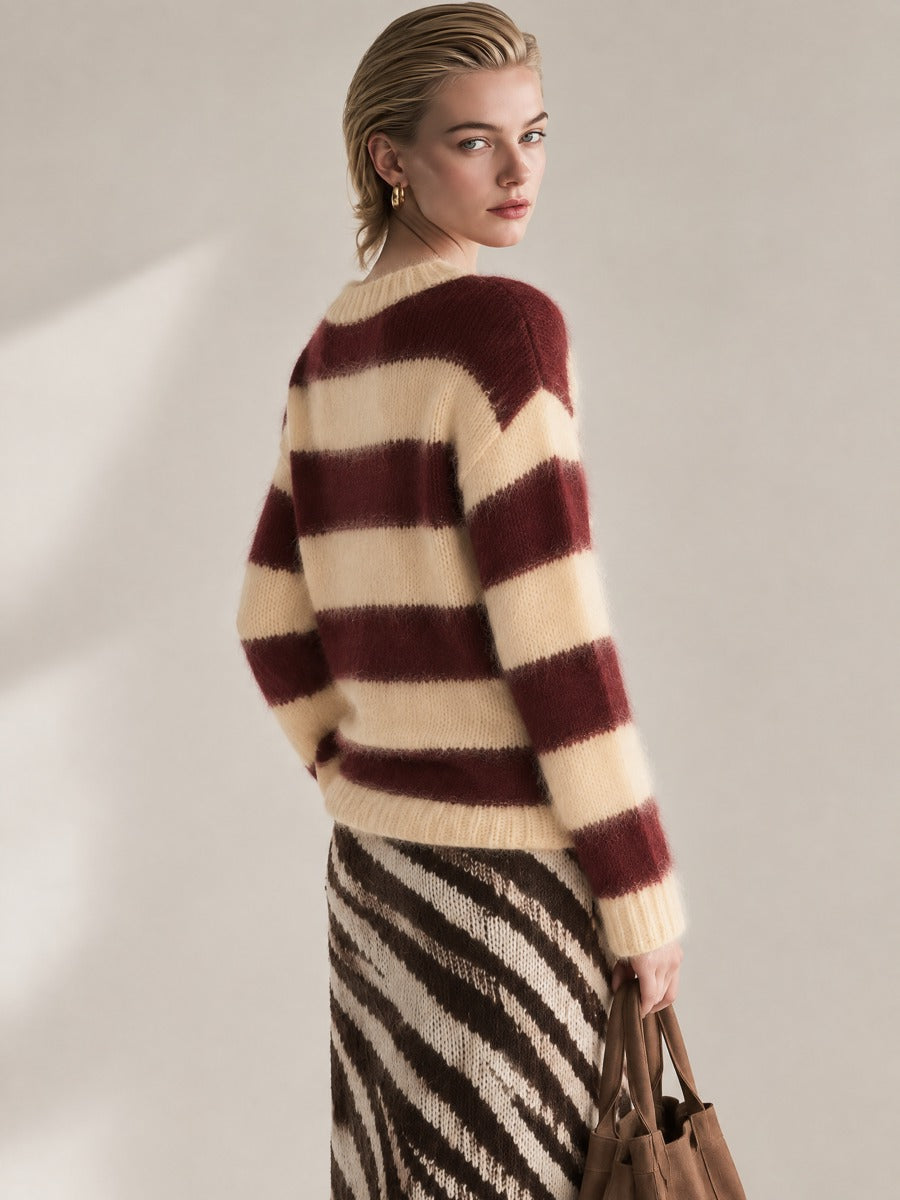Burgundy Cream Horizontal Stripe Drop Shoulder Mohair Sweater With Belt