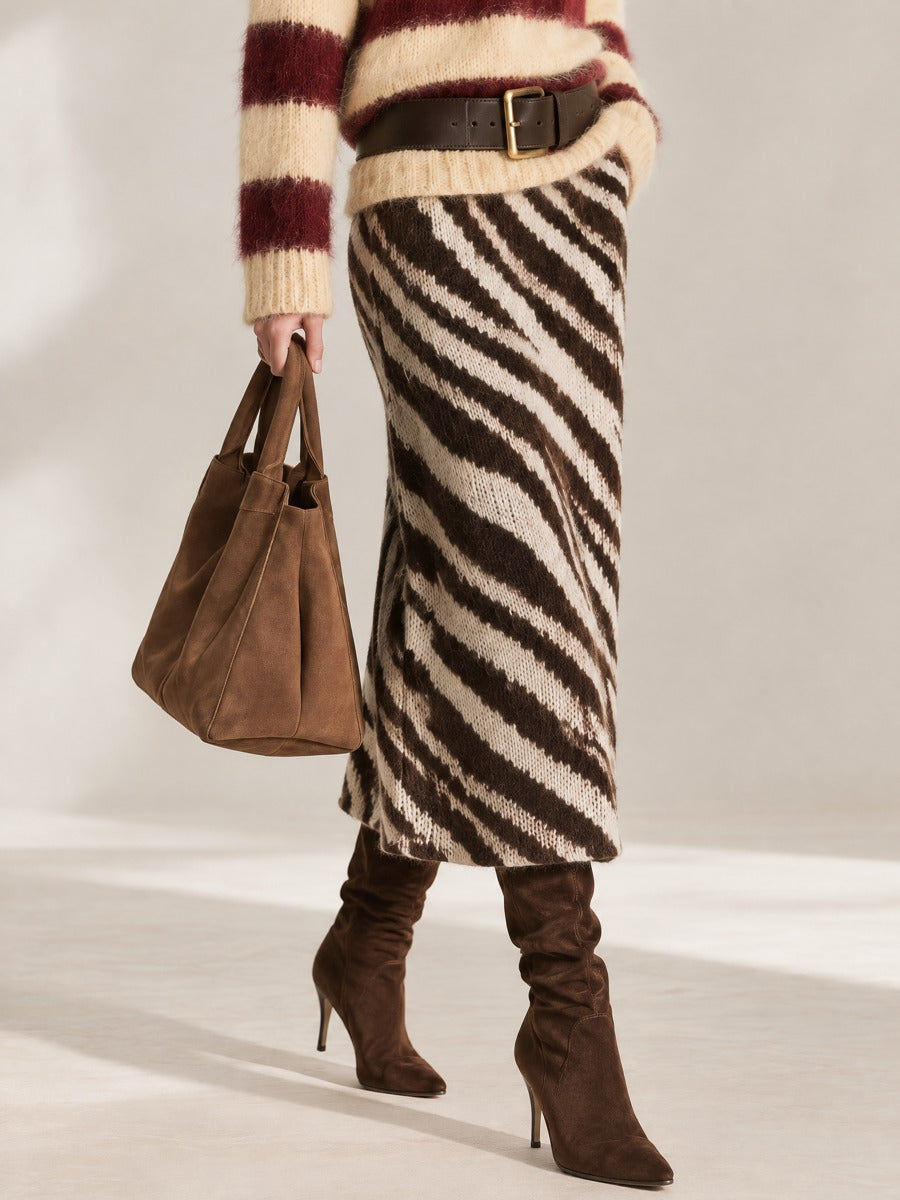 Brown White Zebra Mohair Knit Straight Midi Skirt