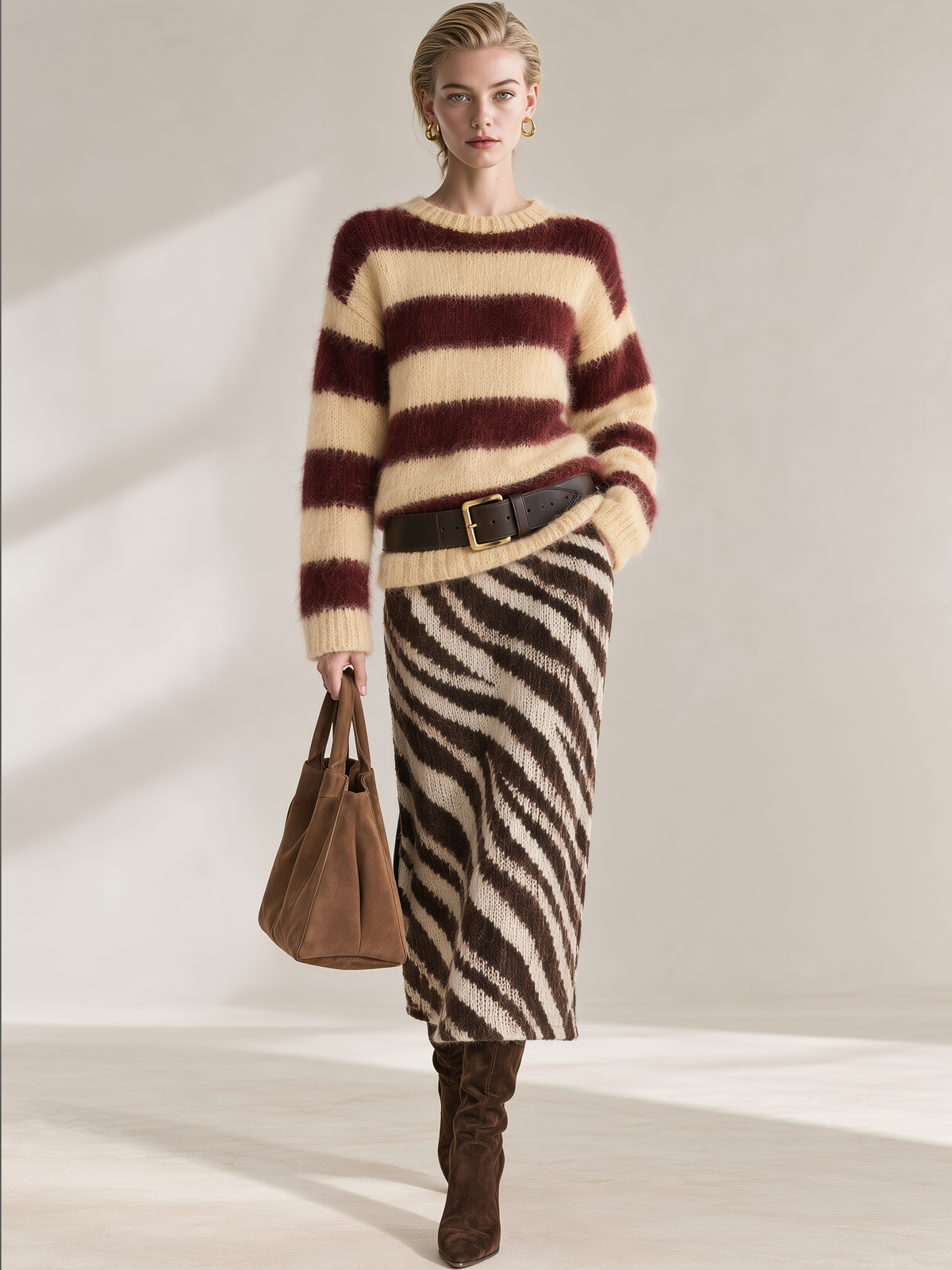 Brown White Zebra Mohair Knit Straight Midi Skirt