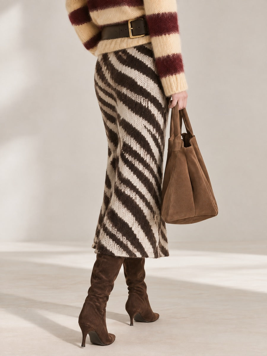 Brown White Zebra Mohair Knit Straight Midi Skirt