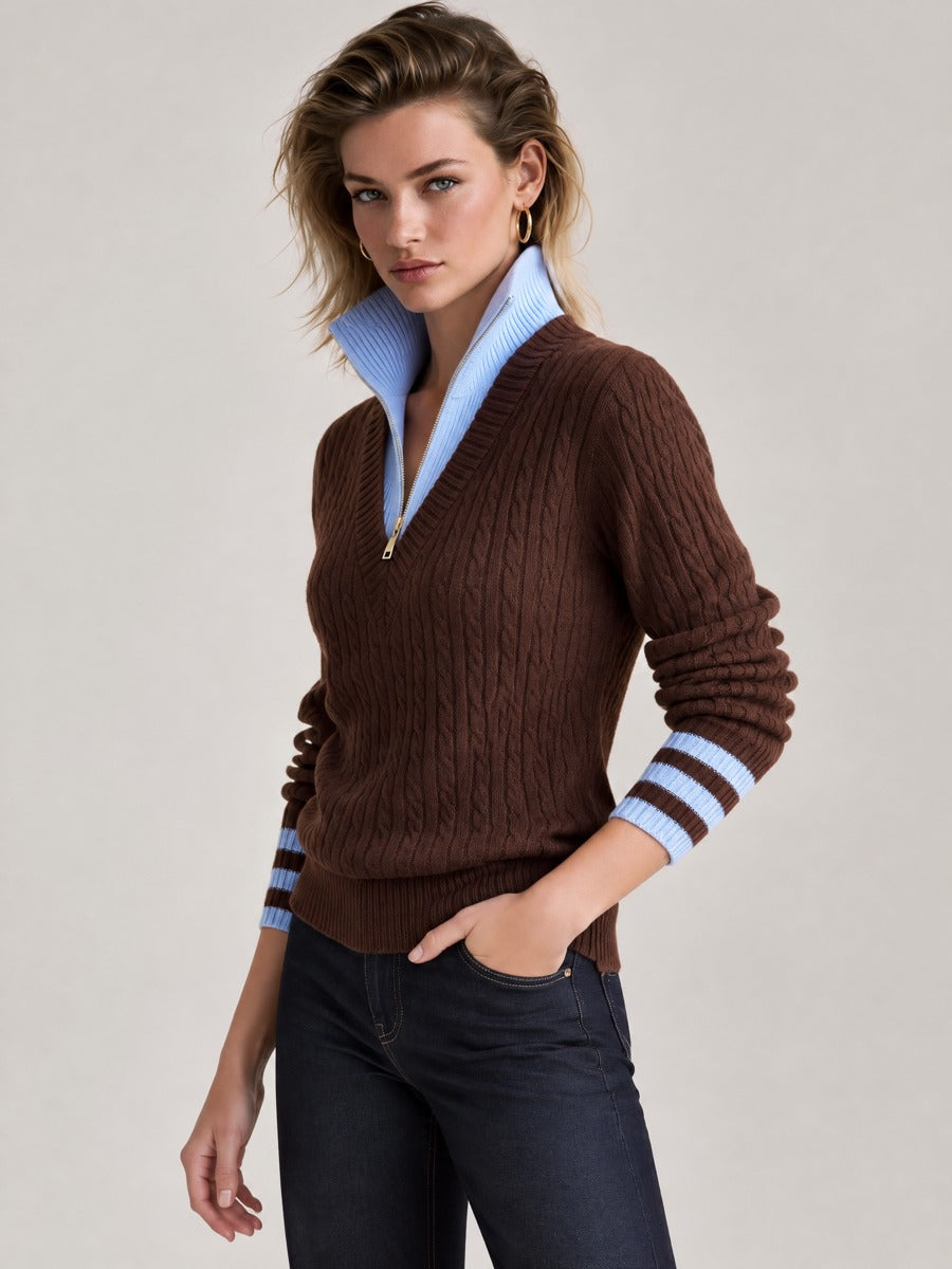 Brown Blue Color Block Cable Knit Mock Two-Piece Half Zip Turtleneck Sweater