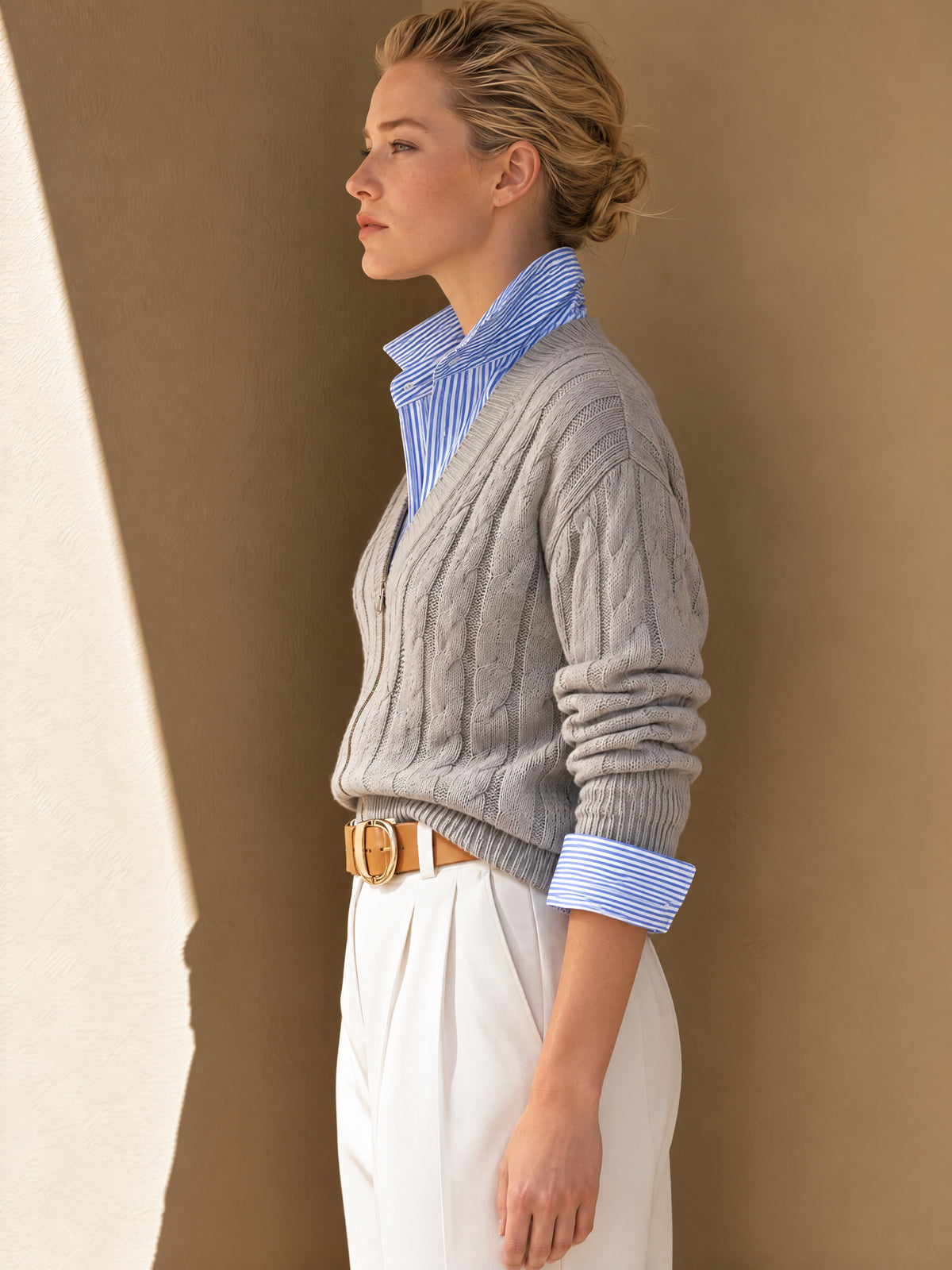 Grey Cable Knit Zip-Front Cardigan With Shawl V-Neck