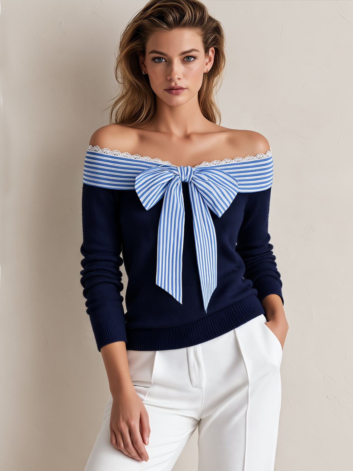 Off-Shoulder Striped Bow & Lace Trim Knit Sweater