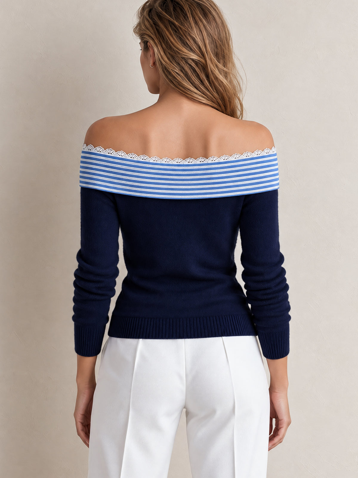 Off-Shoulder Striped Bow & Lace Trim Knit Sweater
