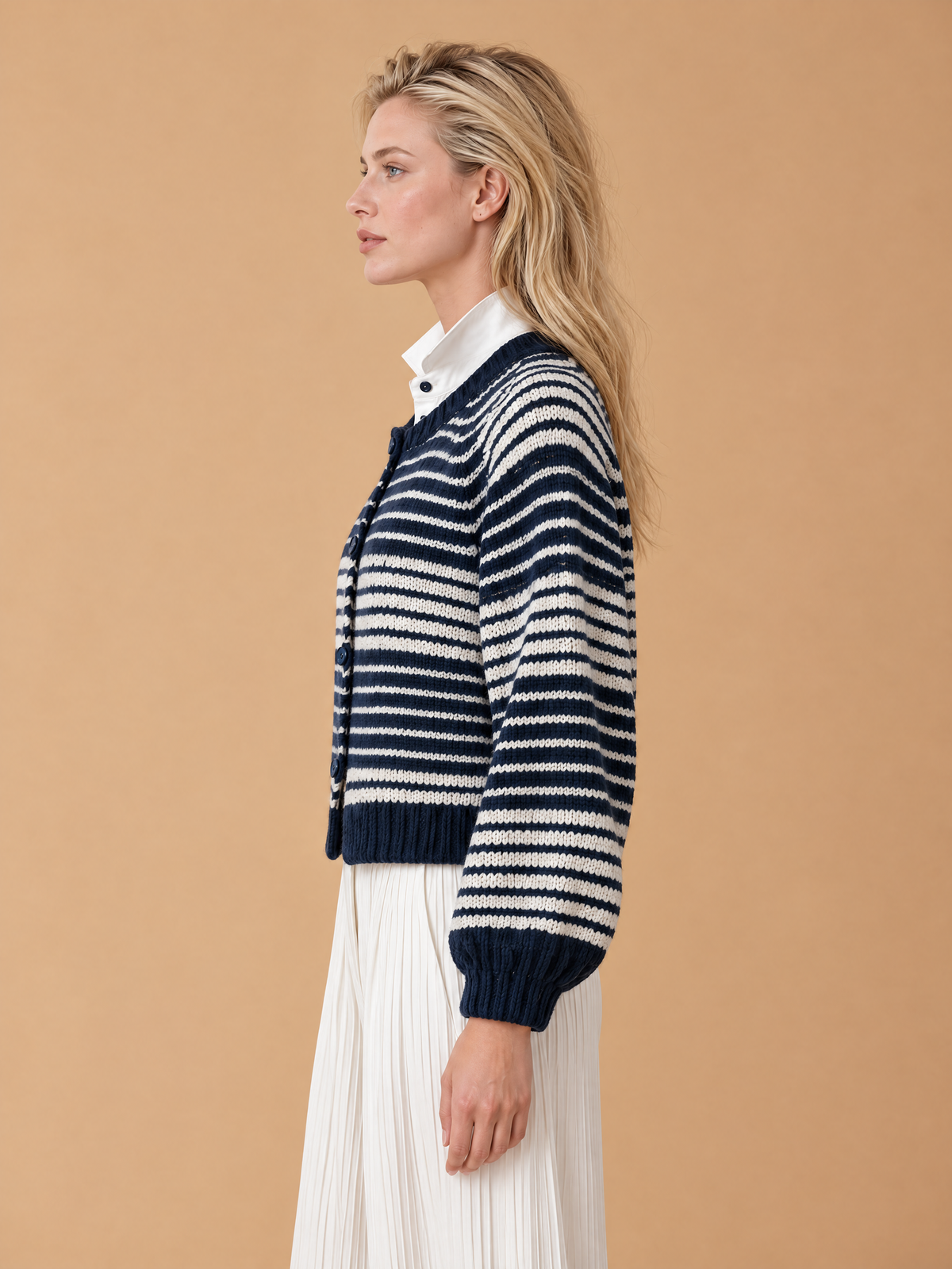 Navy Striped Knit Cardigan With Mock Two-Piece Shirt Collar