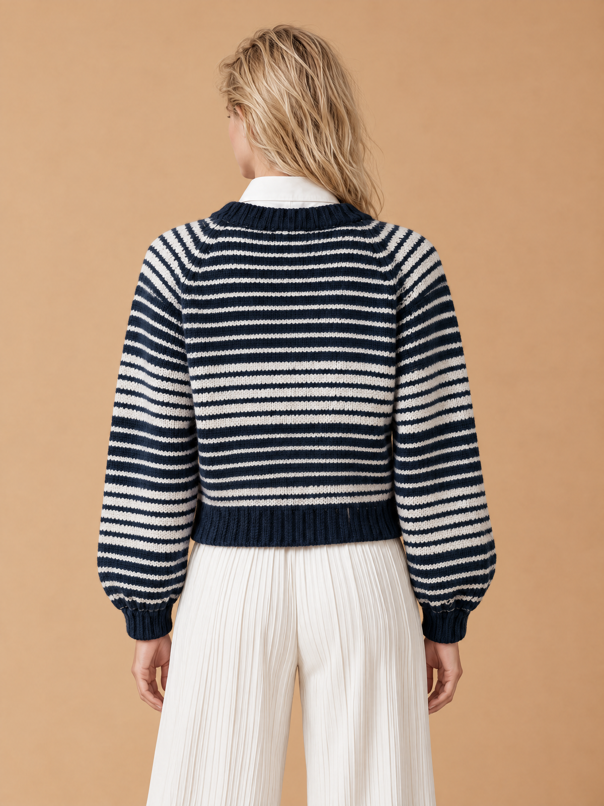 Navy Striped Knit Cardigan With Mock Two-Piece Shirt Collar