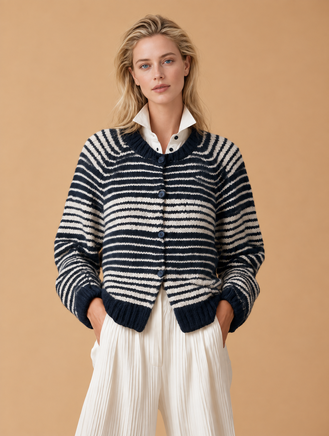Navy Striped Knit Cardigan With Mock Two-Piece Shirt Collar